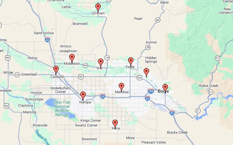 Map of Keely Electric's service area across the Treasure Valley, with pins on Boise, Meridian, Eagle, Star, Nampa, Caldwell, Middleton, Emmett, Kuna and Garden City